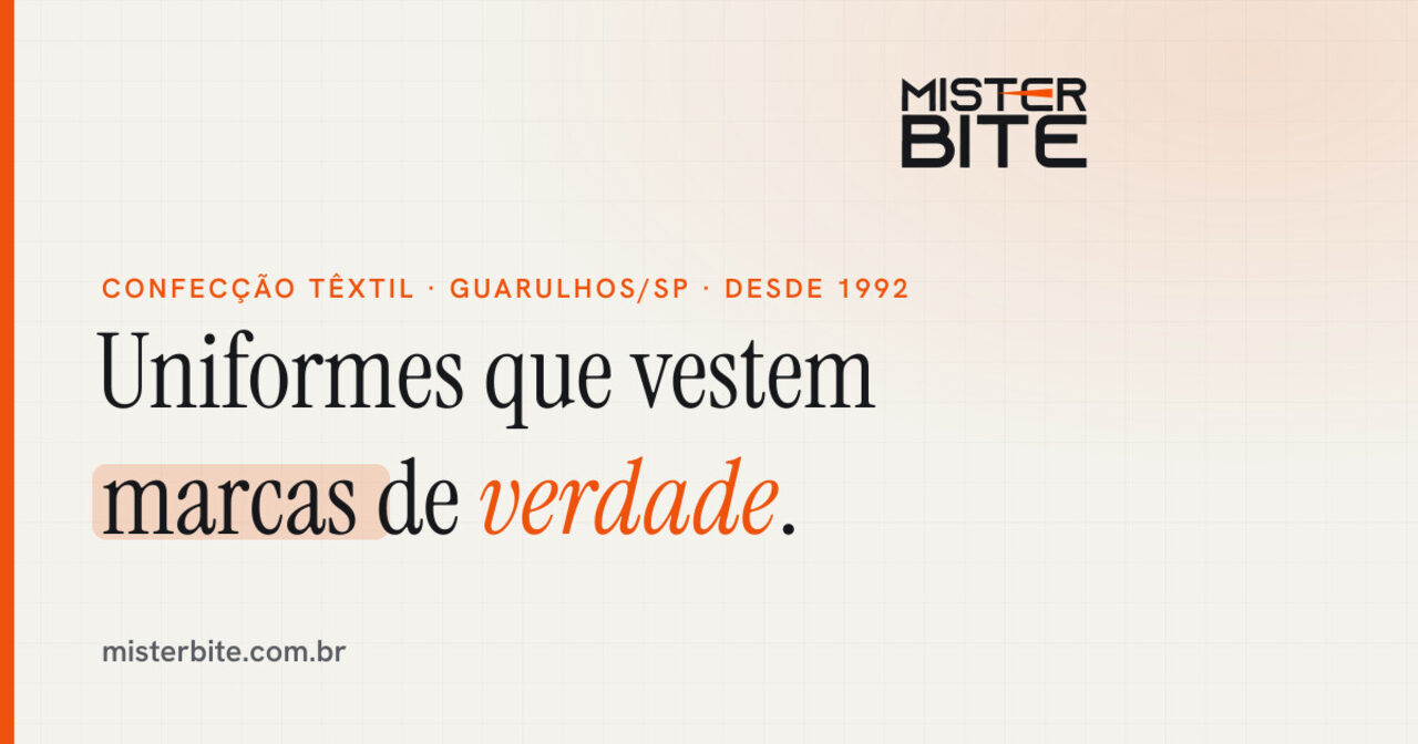 Arte do site novo da Mister Bite: uniformes que vestem marcas de verdade.